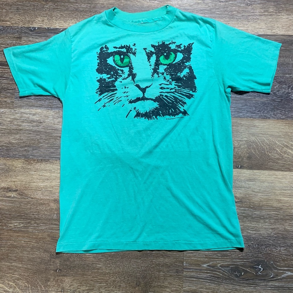 Vtg 1980s Single Stitch Green Double Cat Graphic T Shirt
